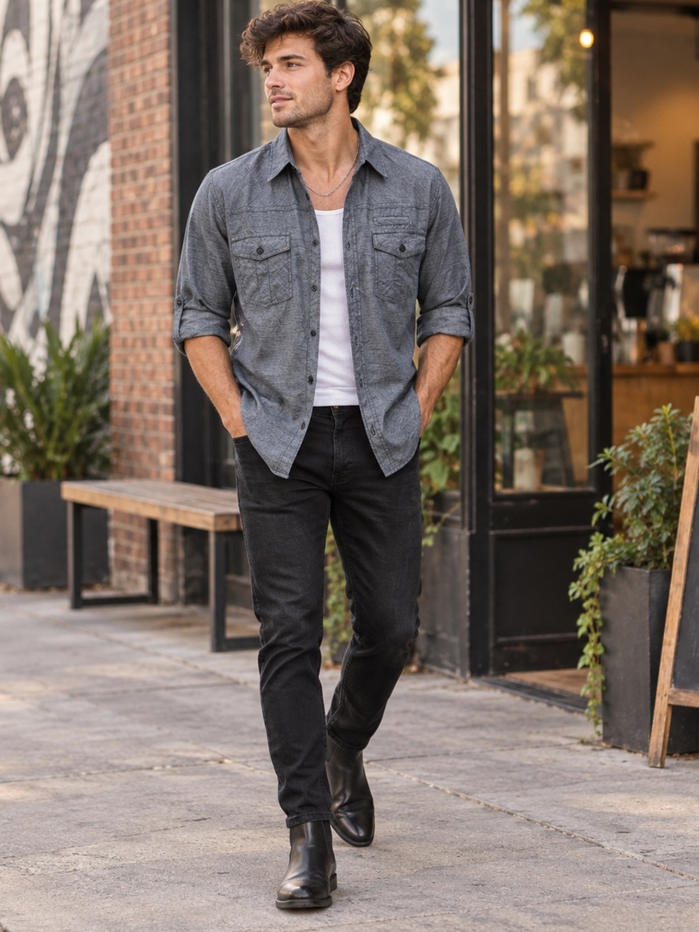 Eighty Eight Platinum Men’s Chambray Utility Shirt Large Roll Tab